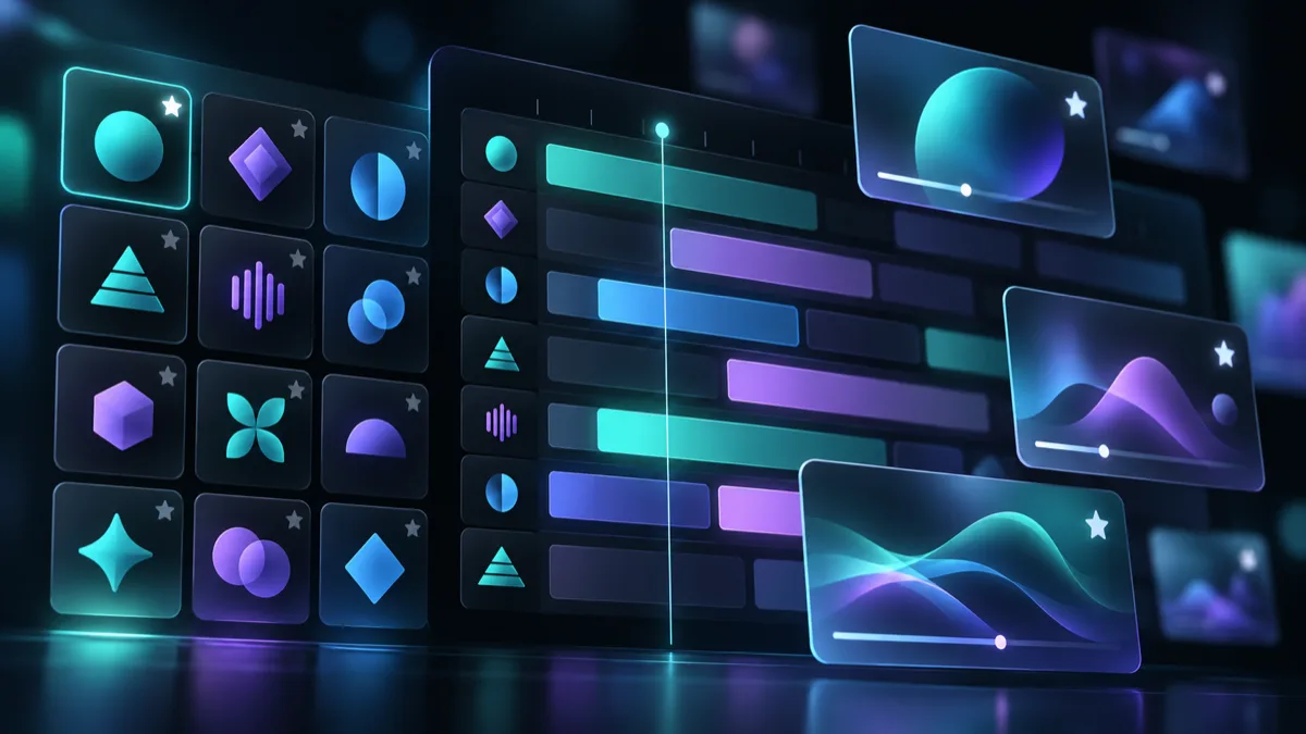 Dark glass interface with a grid of favourite tiles marked by stars, next to a glowing programme timeline.