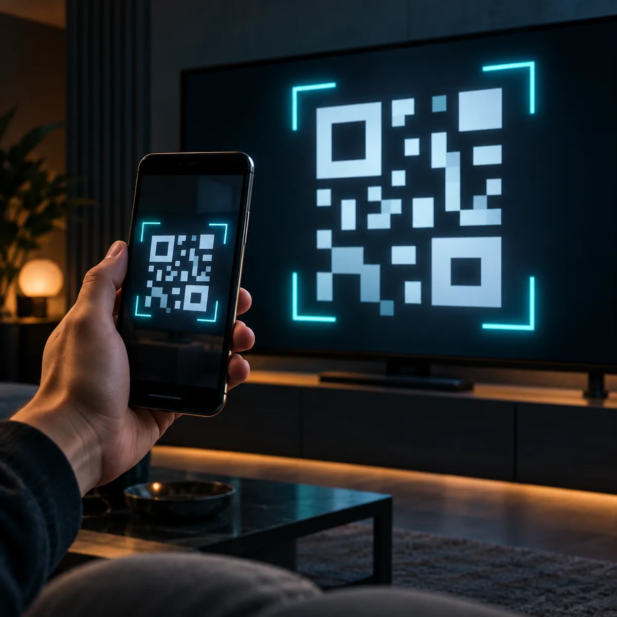 A hand holds a phone showing a QR code, pointed at a television that shows the same code.