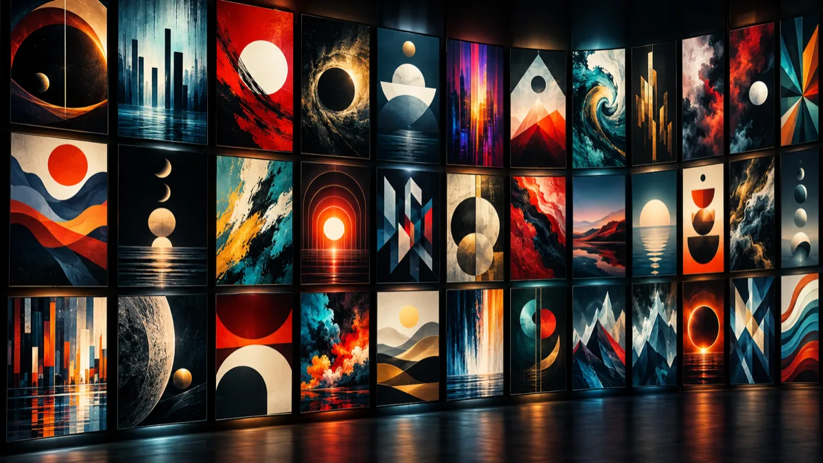 A curved wall of colourful abstract film posters in a dark room.