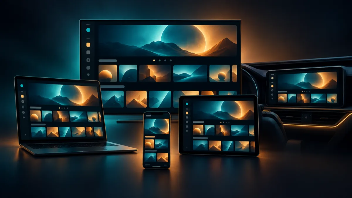 The same dark player on a television, a laptop, a phone, a tablet, and a car dashboard screen.